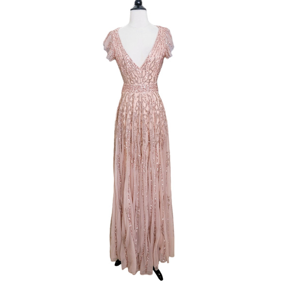 Mac Duggal 5682 Apricot Peach Pink Sequin Beaded Flutter Sleeve Gown Dress 14 - Picture 4 of 13